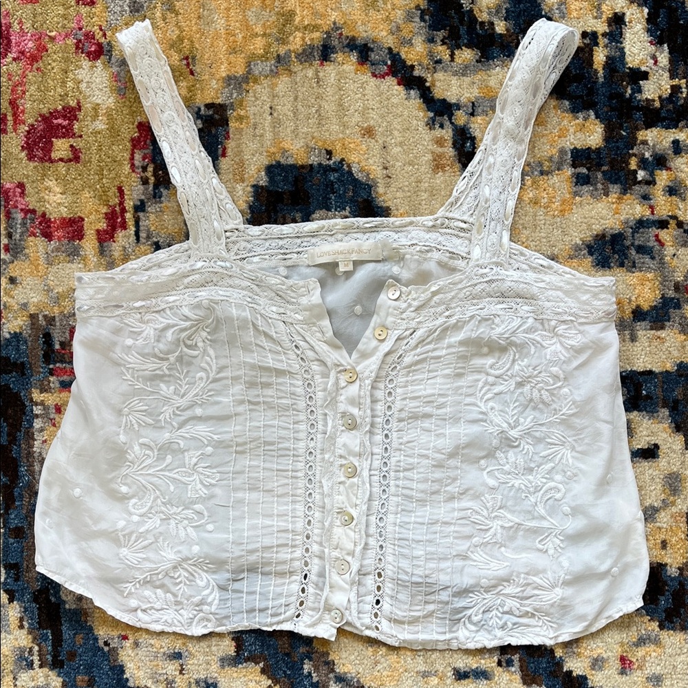 LoveShackFancy Ivory Lace-Trim Button Front Top